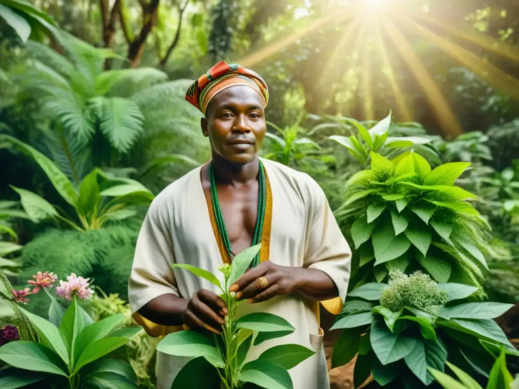 Un sanador tradicional africano recoge hierbas medicinales en un exuberante bosque