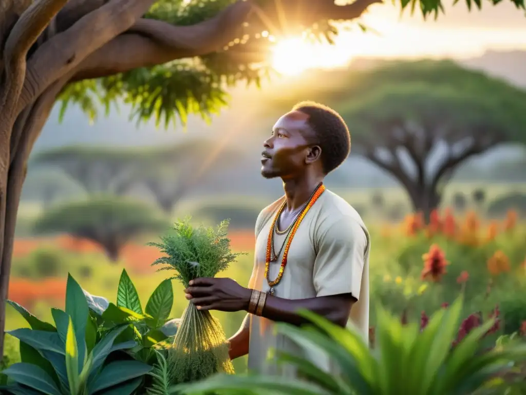 Un sanador tradicional africano recolecta hierbas medicinales en la exuberante sabana africana, exhibiendo la fitoterapia en África subsahariana