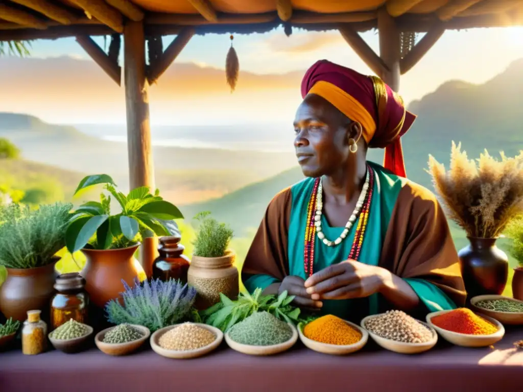 Curandero africano con hierbas medicinales Un sanador tradicional africano examina hierbas medicinales, rodeado de coloridas plantas