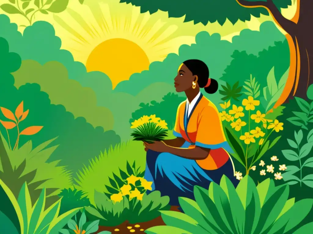 Un sanador tradicional recolecta hierbas medicinales en un exuberante bosque, rodeado de flora diversa