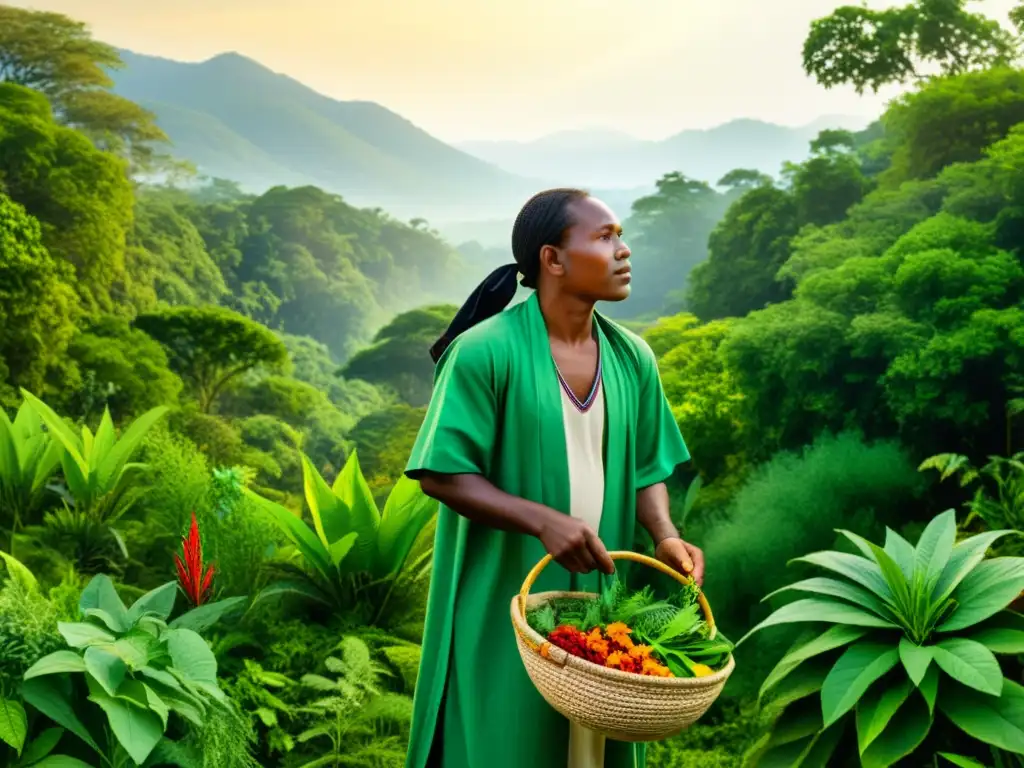 Un sanador tradicional recolecta hierbas medicinales en un exuberante bosque, destacando el papel del convenio diversidad biológica