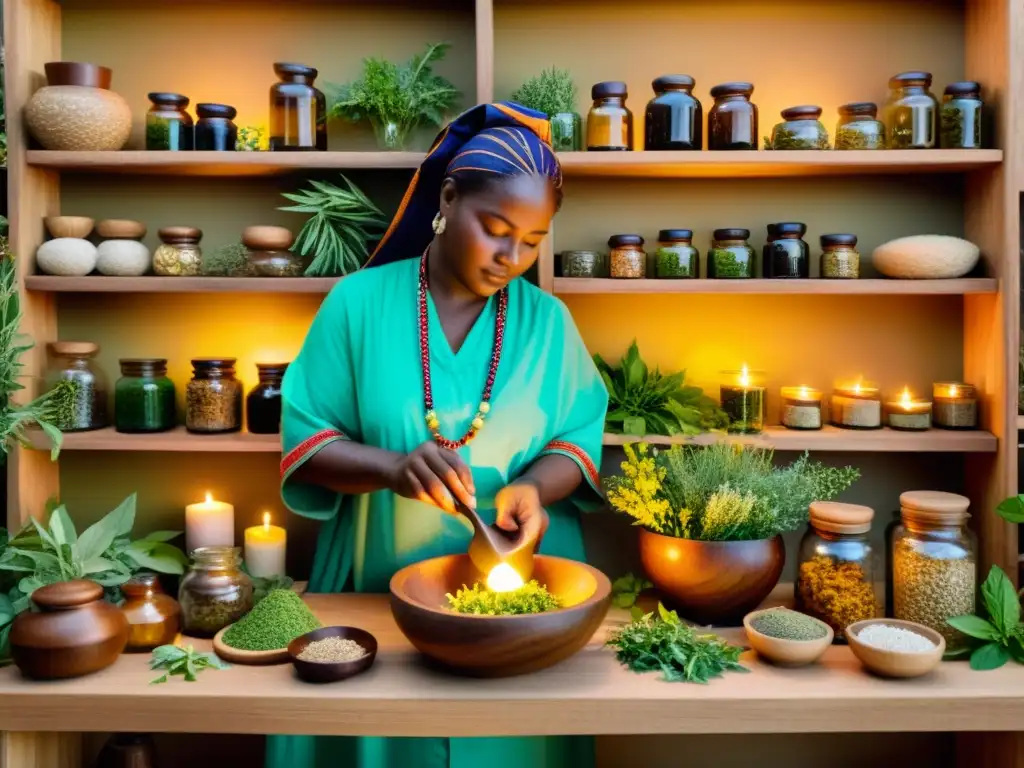 Un sanador tradicional mezcla hierbas en un mortero de madera bajo la suave luz de las velas, evocando prácticas ancestrales de medicina tradicional