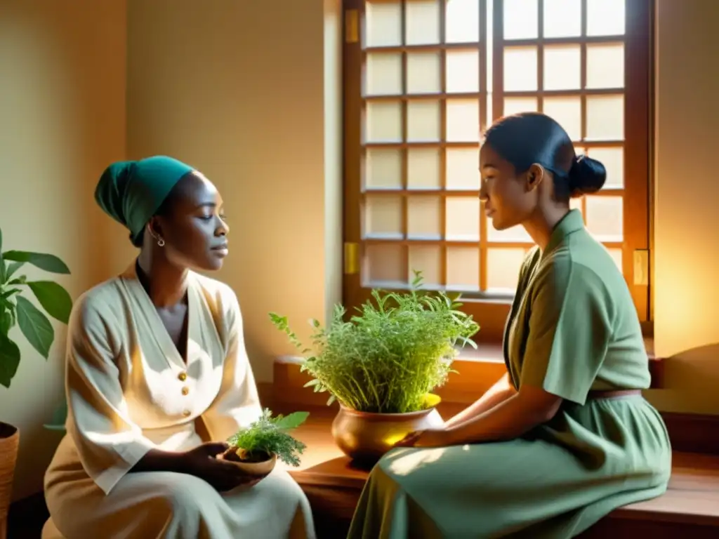 Un sanador tradicional explica hierbas a un paciente en una habitación iluminada