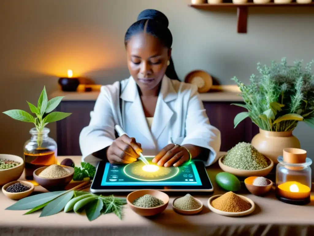 Un sanador tradicional interactúa con tecnología mientras ingredientes naturales se exhiben