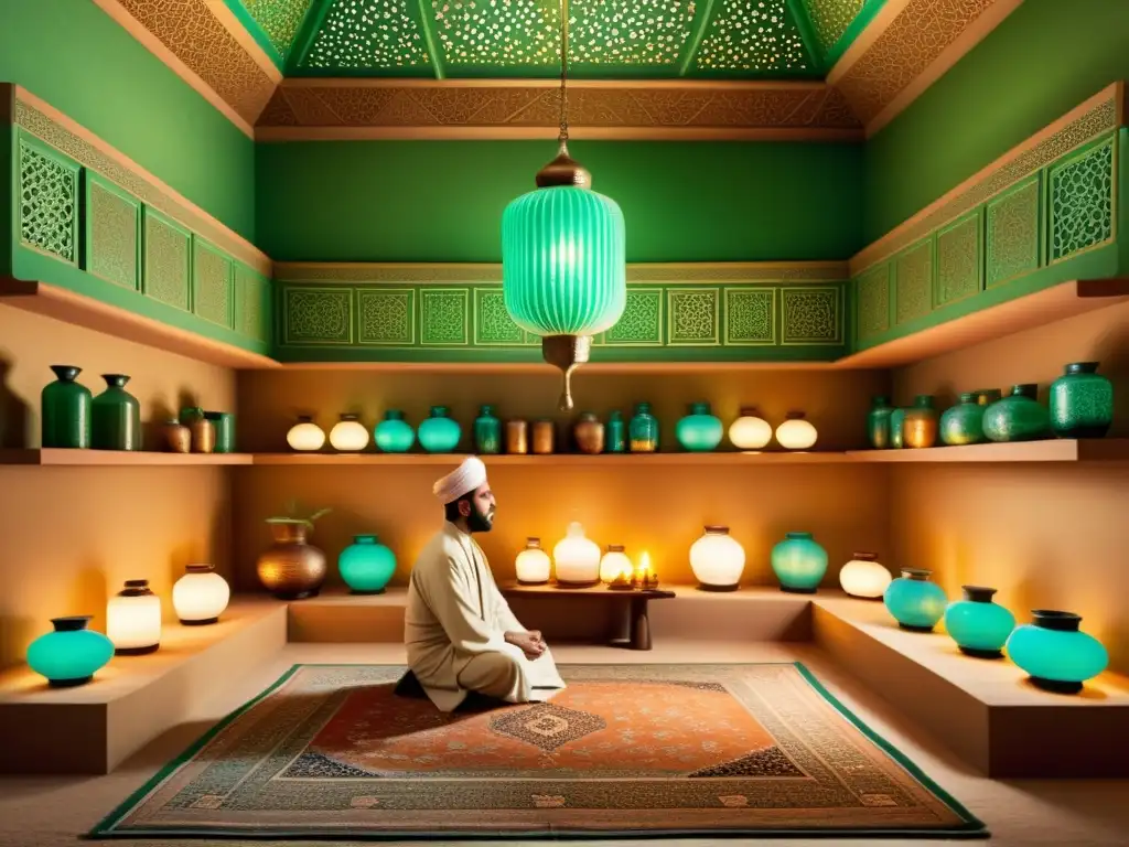 Salón de curación islámica: tranquilidad y sabiduría Un Sanador tradicional prepara una medicina herbal en una habitación de curación islámica