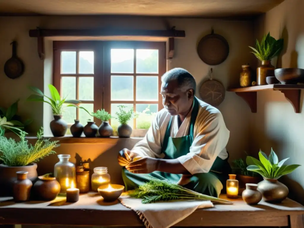 Un sanador tradicional crea una medicina mientras la luz del sol ilumina la escena