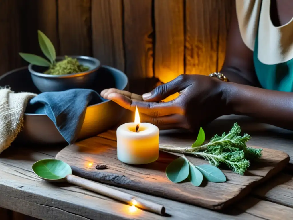 Un sanador tradicional prepara una medicina nativa en un ambiente rústico y tenue