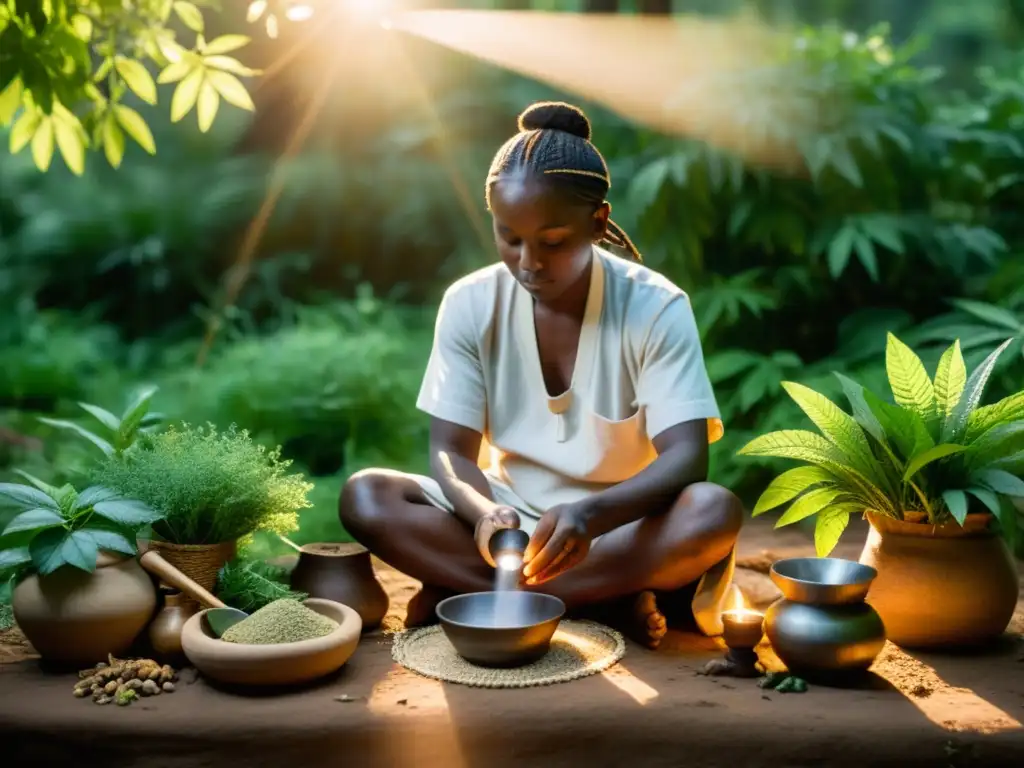 Un sanador tradicional prepara una medicina natural en el bosque al atardecer, rodeado de hierbas