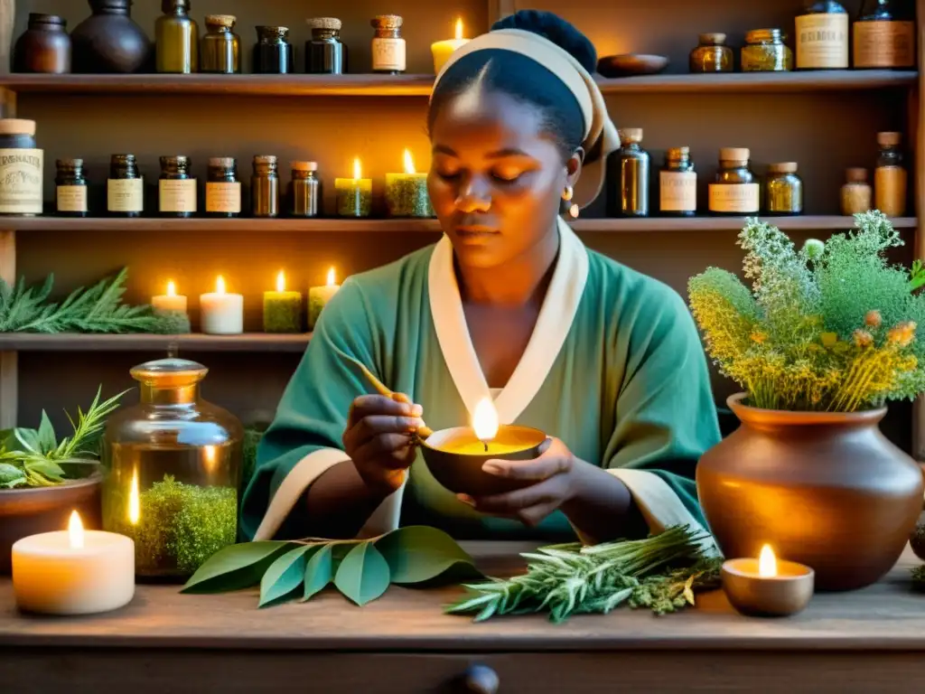 Un sanador tradicional prepara una medicina natural en una antigua botica, evocando la propiedad intelectual en medicina tradicional