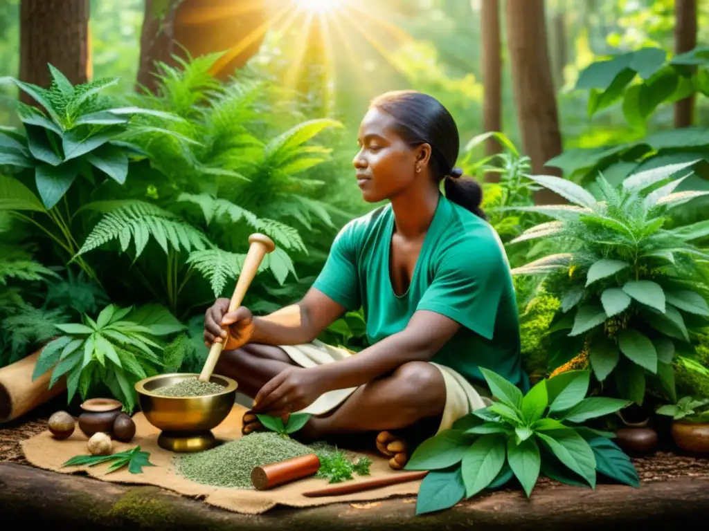 Un sanador tradicional prepara medicina rodeado de plantas en el bosque, transmitiendo la medicina tradicional