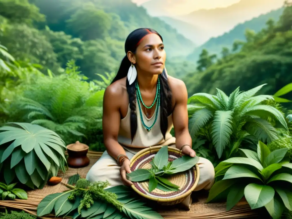 Un sanador tradicional nativo americano recolecta hierbas medicinales en un exuberante bosque, rodeado de diversa flora y fauna