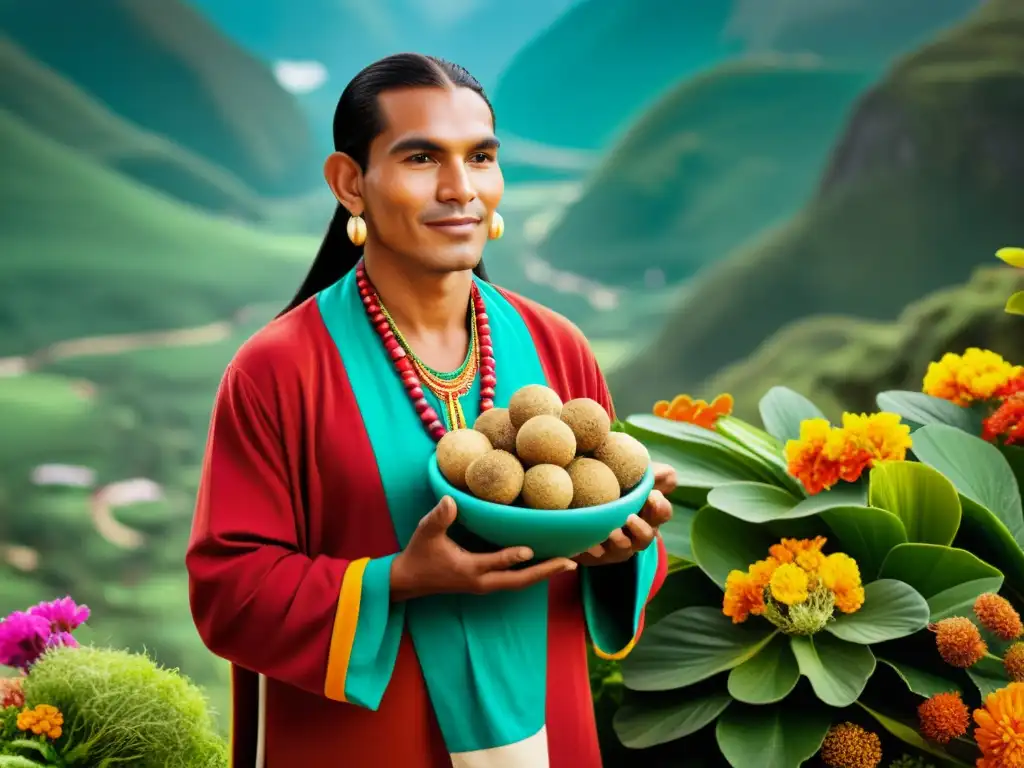 Un sanador tradicional peruano sostiene una raíz de maca, rodeado de exuberante vegetación y flores vibrantes