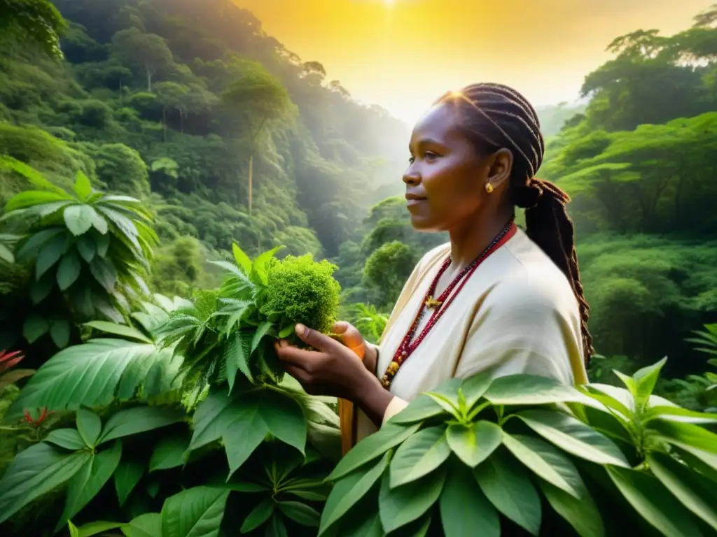 Un sanador tradicional selecciona plantas medicinales en un exuberante bosque, mostrando la conexión entre la humanidad y la naturaleza