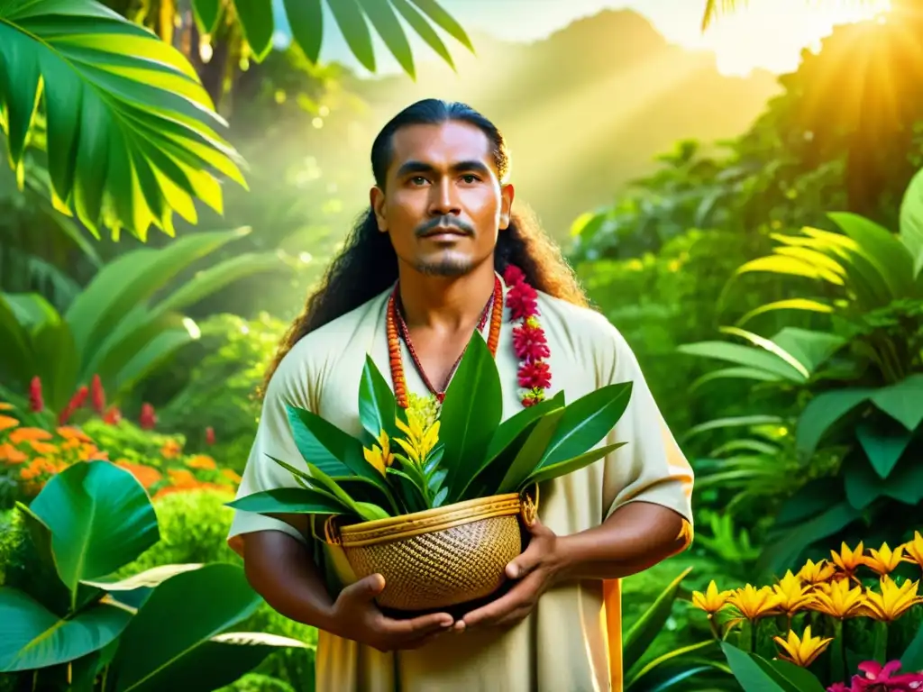 Un sanador tradicional polinesio en la exuberante selva, rodeado de plantas y flores vibrantes