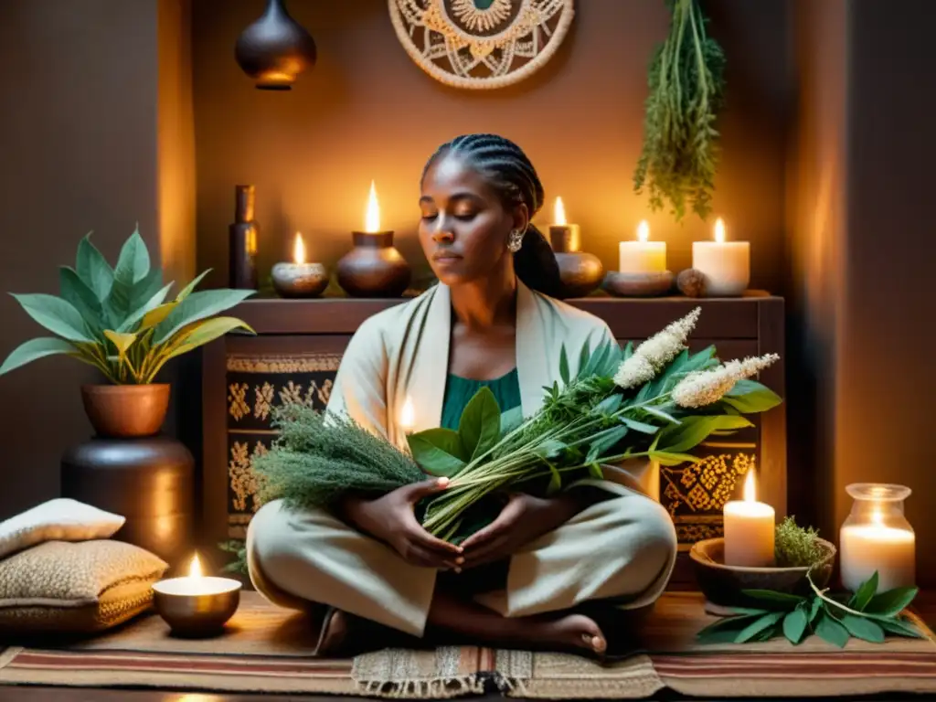 Un sanador tradicional realiza prácticas de medicina tradicional ancestral en una habitación rústica y cálida, rodeado de hierbas y remedios naturales