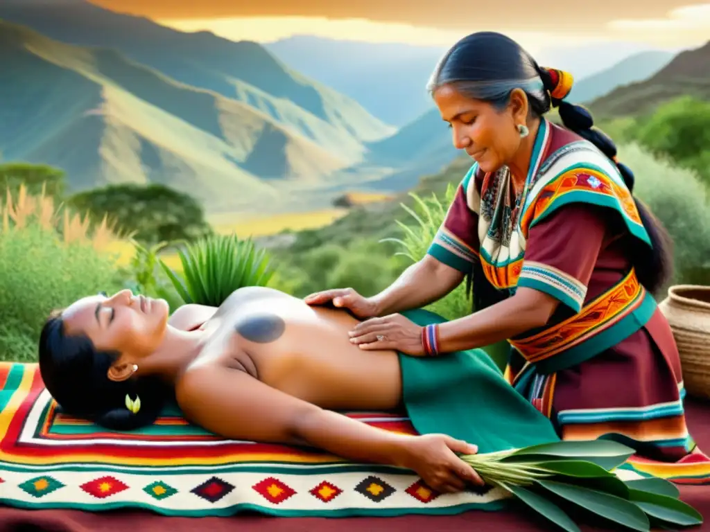 Un sanador tradicional Quechua realiza una sobada rodeado de hierbas e ilustraciones de la naturaleza andina, evocando la medicina tradicional Quechua