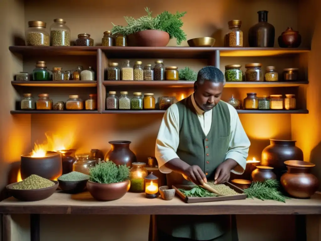 Un sanador tradicional elabora remedios herbales en un ambiente acogedor y tenue, evocando prácticas ancestrales en el coaching de salud