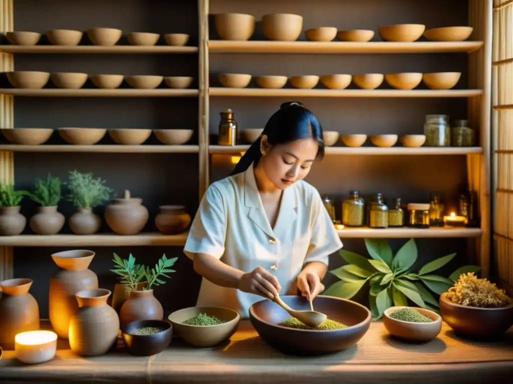 Un sanador tradicional prepara remedios herbales en un ambiente íntimo, usando utensilios esenciales medicina tradicional