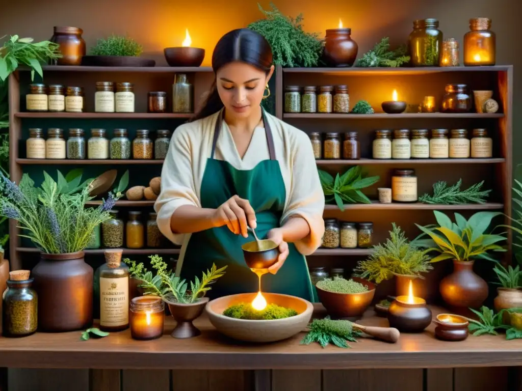 Un sanador tradicional prepara remedios naturales en una apotecaria acogedora, evocando la medicina tradicional en diferentes culturas