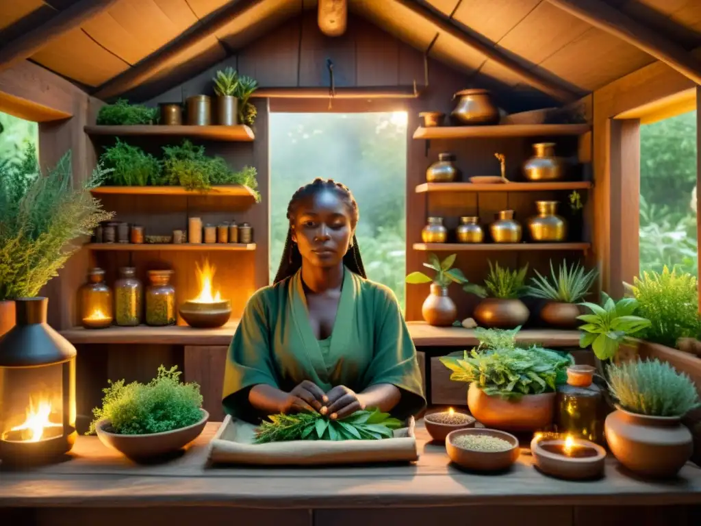 Un sanador tradicional prepara remedios naturales en una cabaña acogedora, evocando prácticas de medicina tradicional ancestral