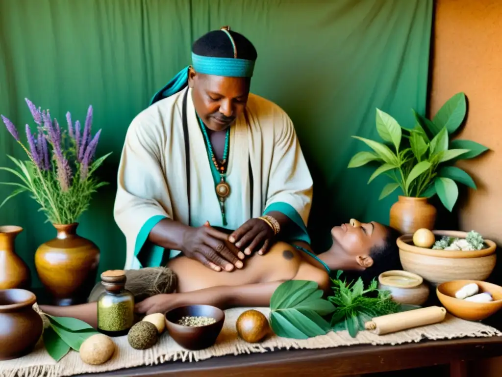 Un sanador tradicional administra remedios naturales en una atmósfera de sabiduría ancestral