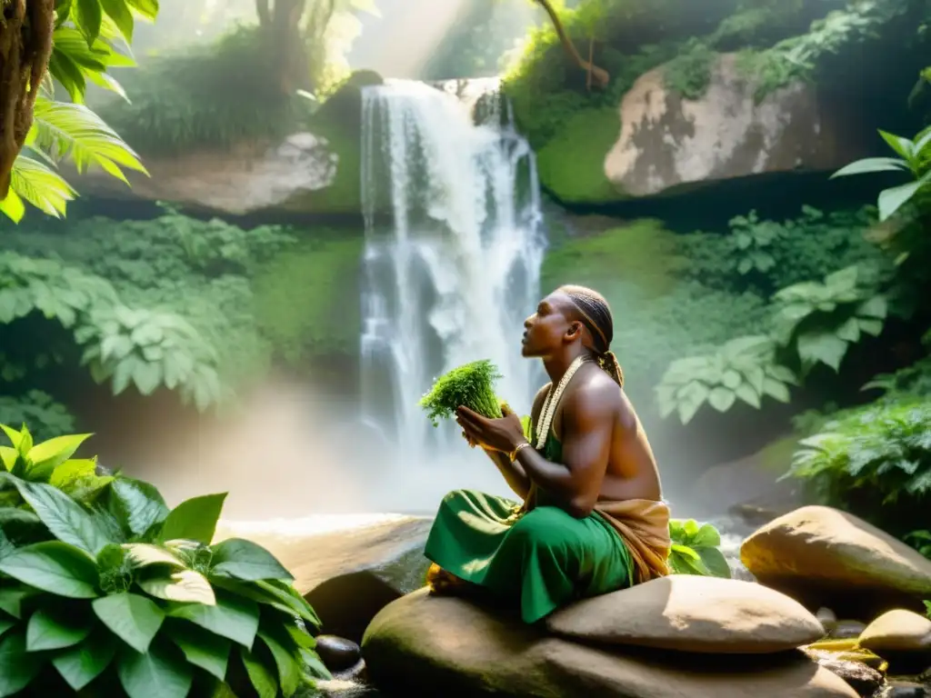 Un sanador tradicional realiza un ritual en un bosque exuberante, rodeado de plantas medicinales