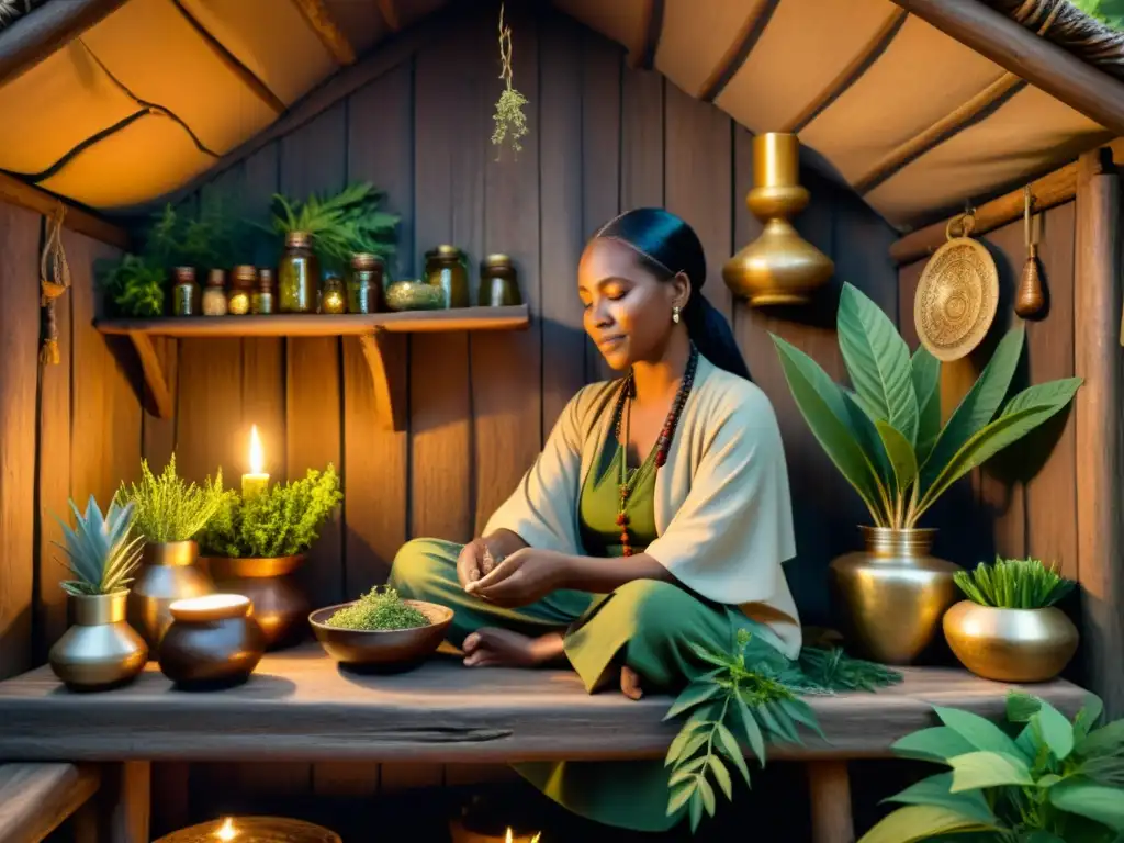 Un sanador tradicional realiza un ritual en una choza de madera rústica, rodeado de hierbas y artefactos antiguos, en un ambiente iluminado por velas