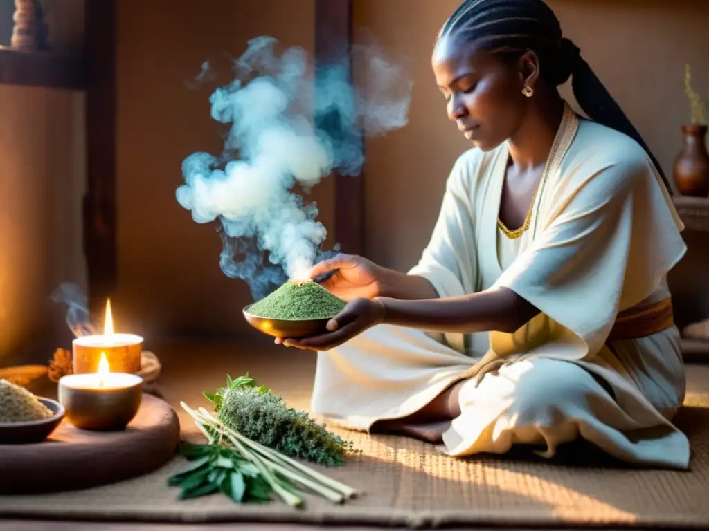 Un sanador tradicional realiza un ritual de limpieza espiritual con hierbas y incienso, rodeado de luz suave