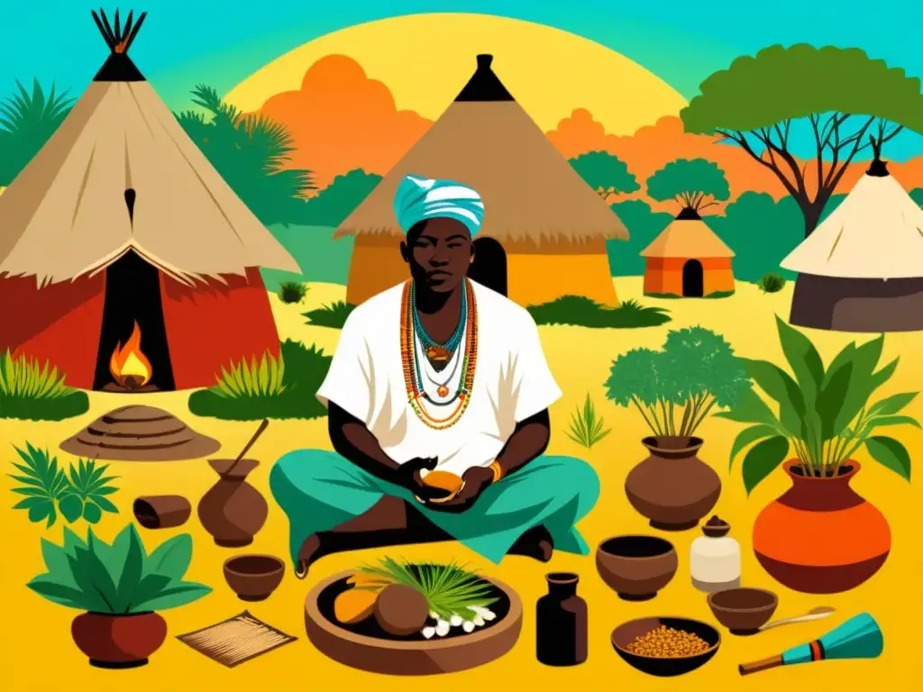 Un sanador tradicional africano realiza un ritual de curación rodeado de hierbas medicinales y raíces, en un vibrante pueblo africano