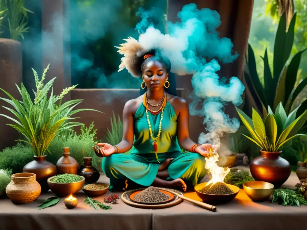 Un sanador tradicional realiza un ritual de sanación en medio de la naturaleza, rodeado de hierbas medicinales y humo de incienso