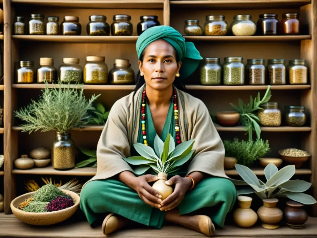 Un sanador tradicional rodeado de hierbas secas y plantas, transmitiendo sabiduría ancestral