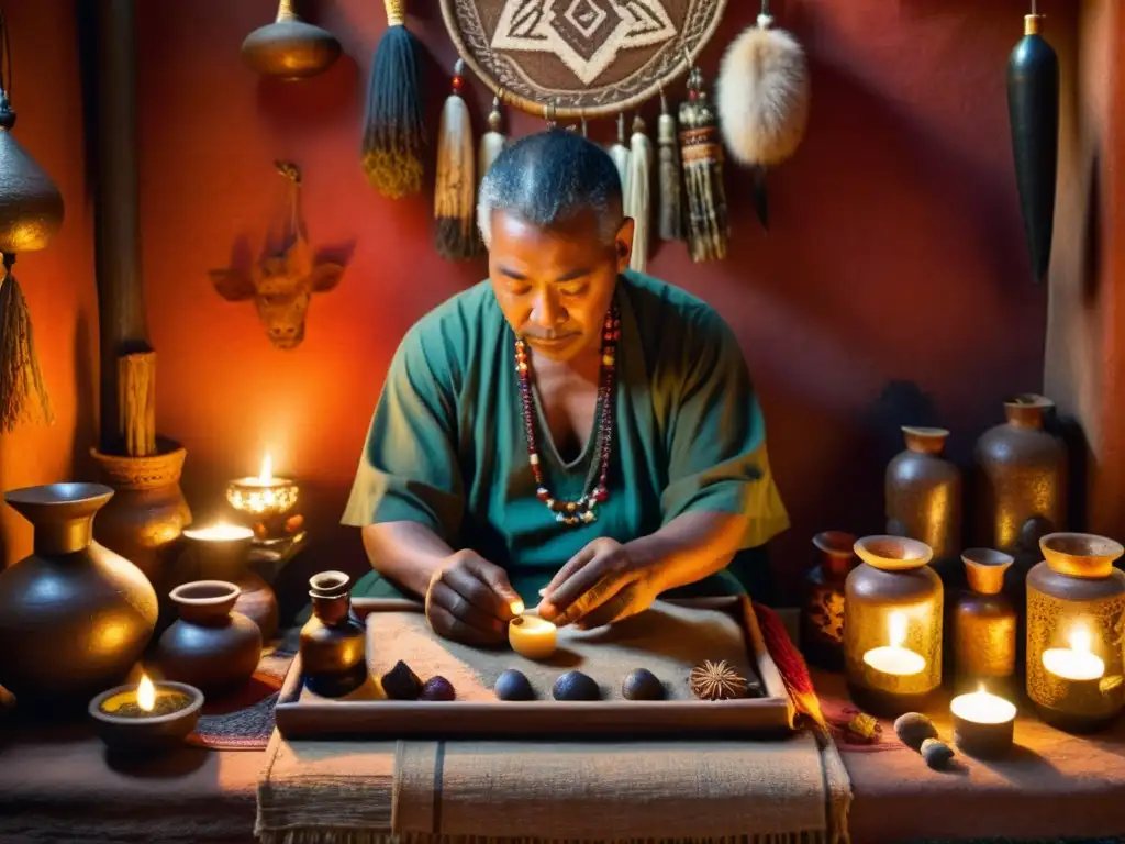 Un sanador tradicional fusionando técnicas culturales, preparando tratamientos curativos en un ambiente místico y antiguo con velas y hierbas secas