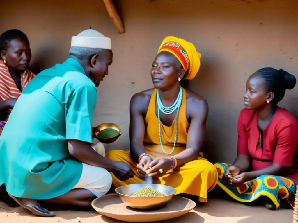 Un sanador tradicional en una vibrante aldea africana realiza una ceremonia espiritual con hierbas e incienso, rodeado de miembros de la comunidad