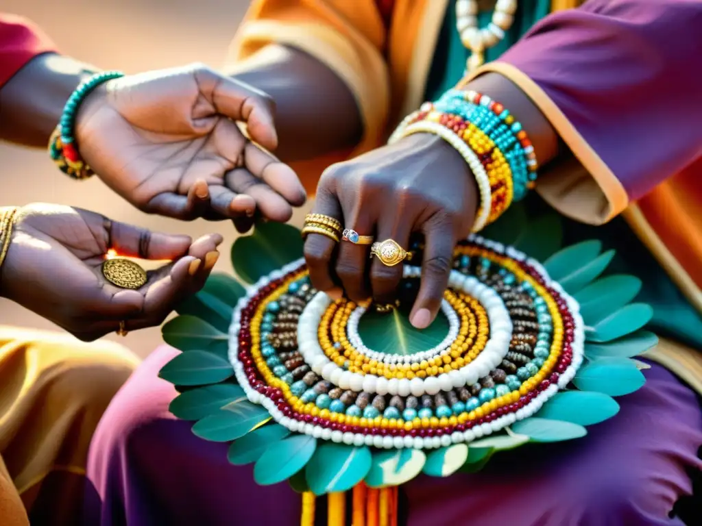 Un sanador tribal africano realiza un ritual de curación, rodeado de espectadores, mientras la luz dorada del atardecer ilumina la escena