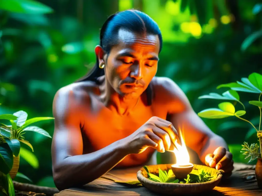 Un sanador tribal amazónico prepara una medicina tradicional entre plantas medicinales