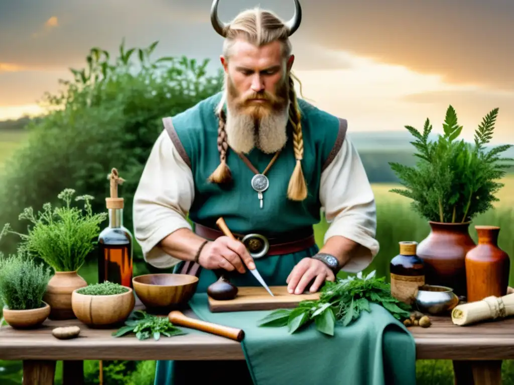 Un sanador vikingo usa técnicas medicinales tradicionales, rodeado de hierbas y herramientas