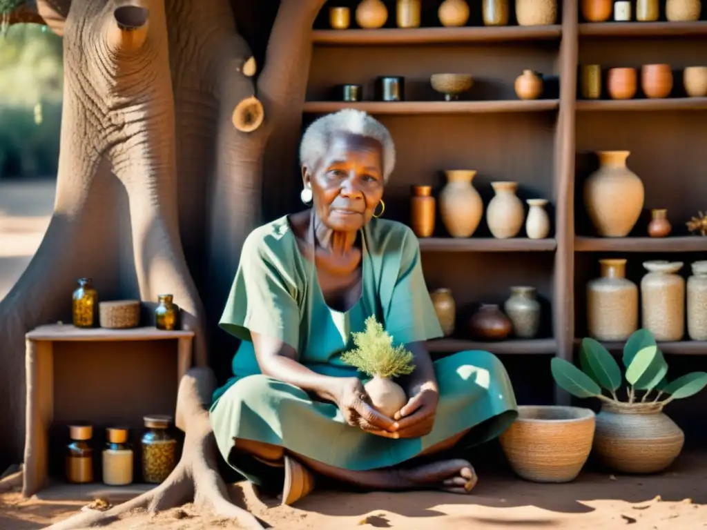 Sanadora africana preparando remedio bajo baobab, con hierbas secas y herramientas tradicionales