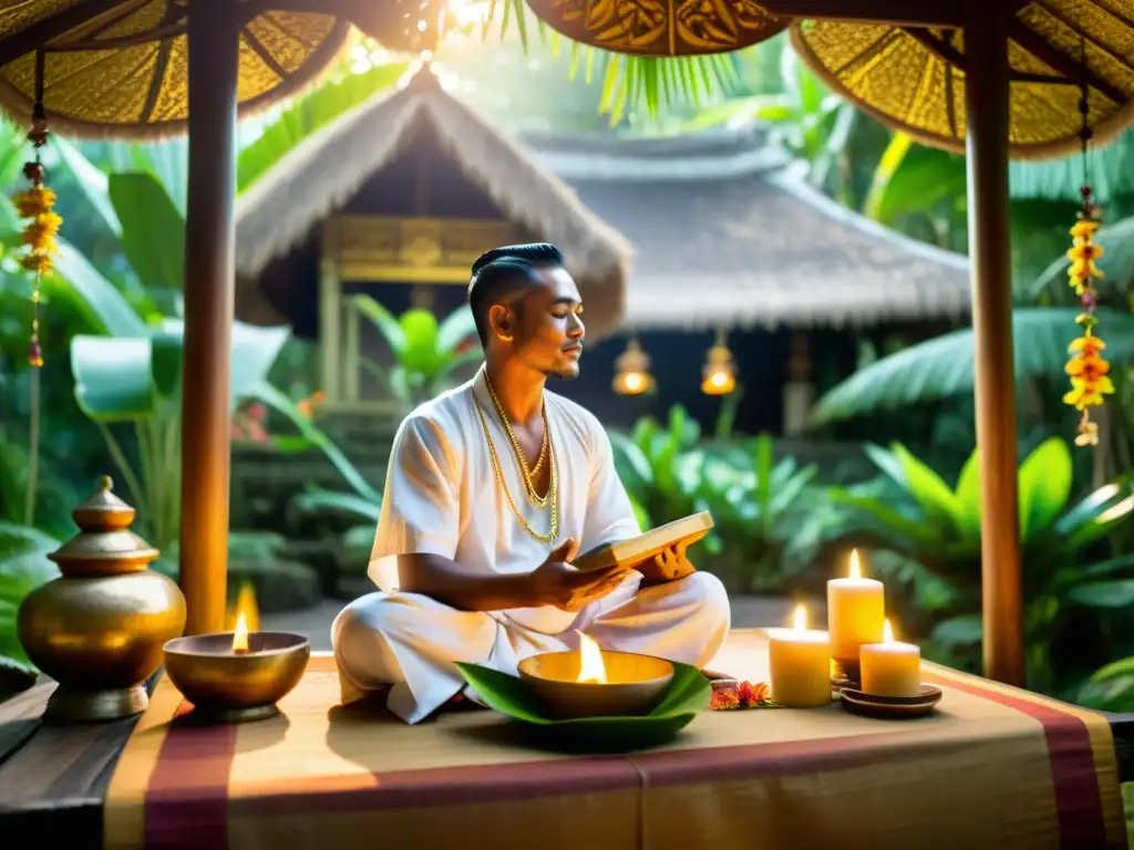 Una sanadora tradicional balinesa realiza una sesión de terapia holística bajo un dosel tropical, evocando una sensación de paz y conexión espiritual