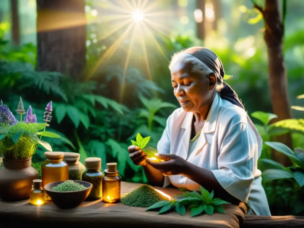 Una sanadora tradicional en un exuberante bosque prepara remedios herbales