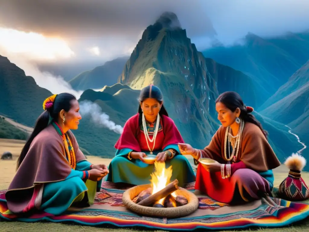 Sanadores indígenas andinos realizando un ritual sagrado en la montaña, rodeados de textiles vibrantes y artefactos antiguos, evocando la esencia de los talleres de medicina ancestral andina