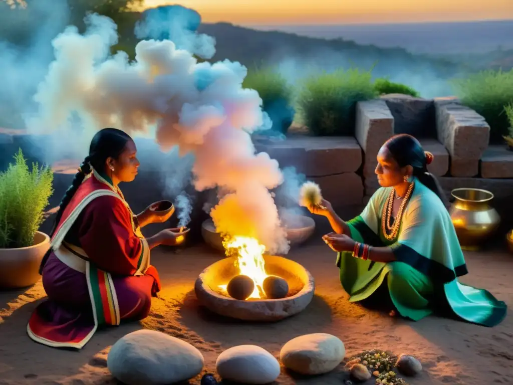 Sanadores indígenas realizan una ceremonia de limpieza tradicional entre hierbas aromáticas y humo, con la luz cálida del atardecer creando largas sombras en las antiguas ruinas de piedra