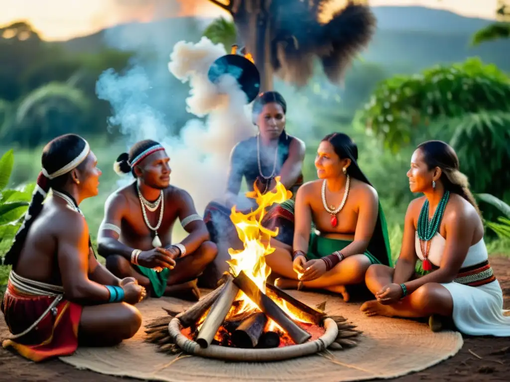 Sanadores indígenas realizan una ceremonia de medicina tradicional en comunidades indígenas, rodeados de naturaleza exuberante y árboles antiguos