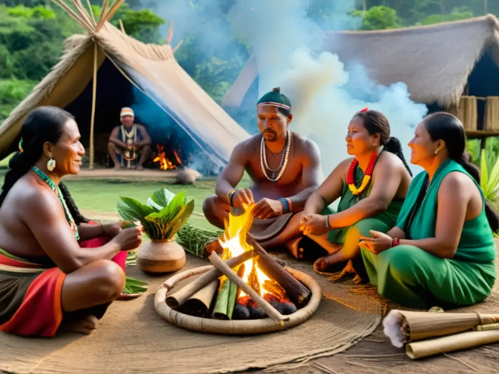 Sanadores indígenas realizan ceremonia de medicina tradicional en comunidad ancestral, entre naturaleza exuberante y fogata