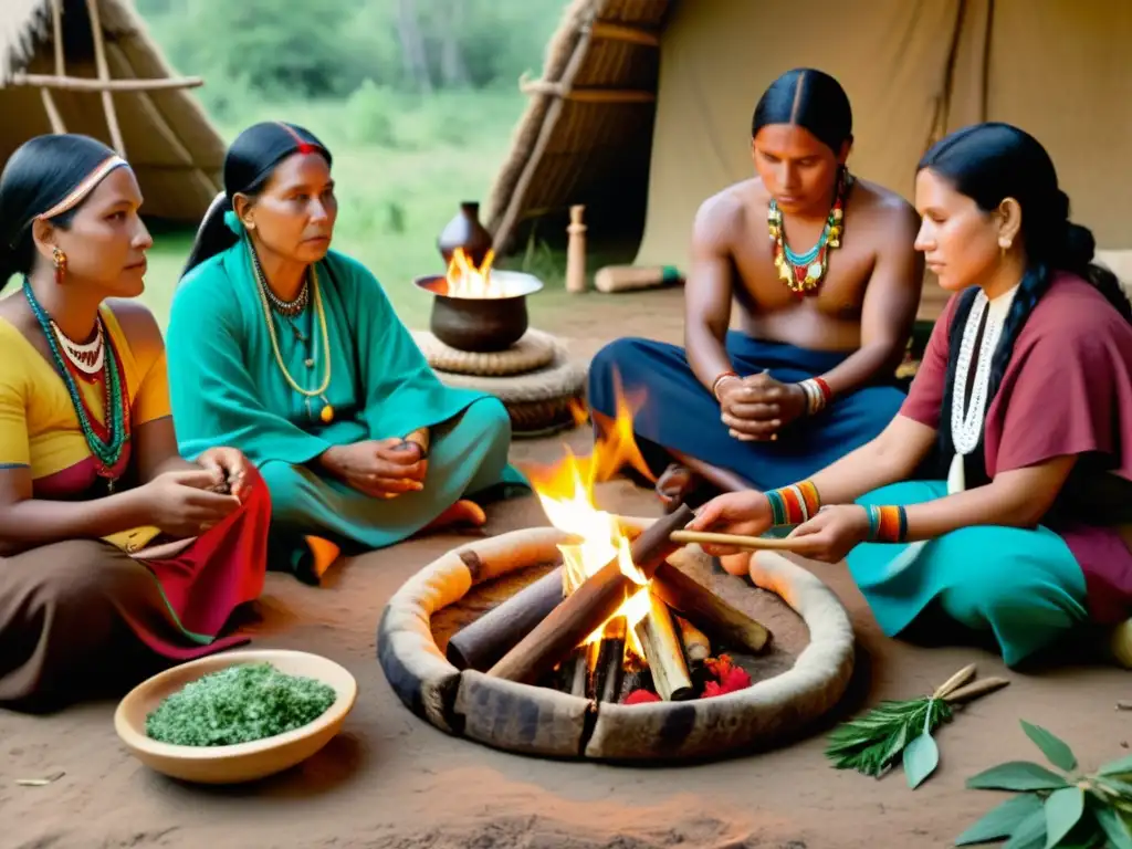 Sanadores indígenas realizan ceremonia medicinal alrededor del fuego, mostrando la protección de las prácticas medicinales indígenas