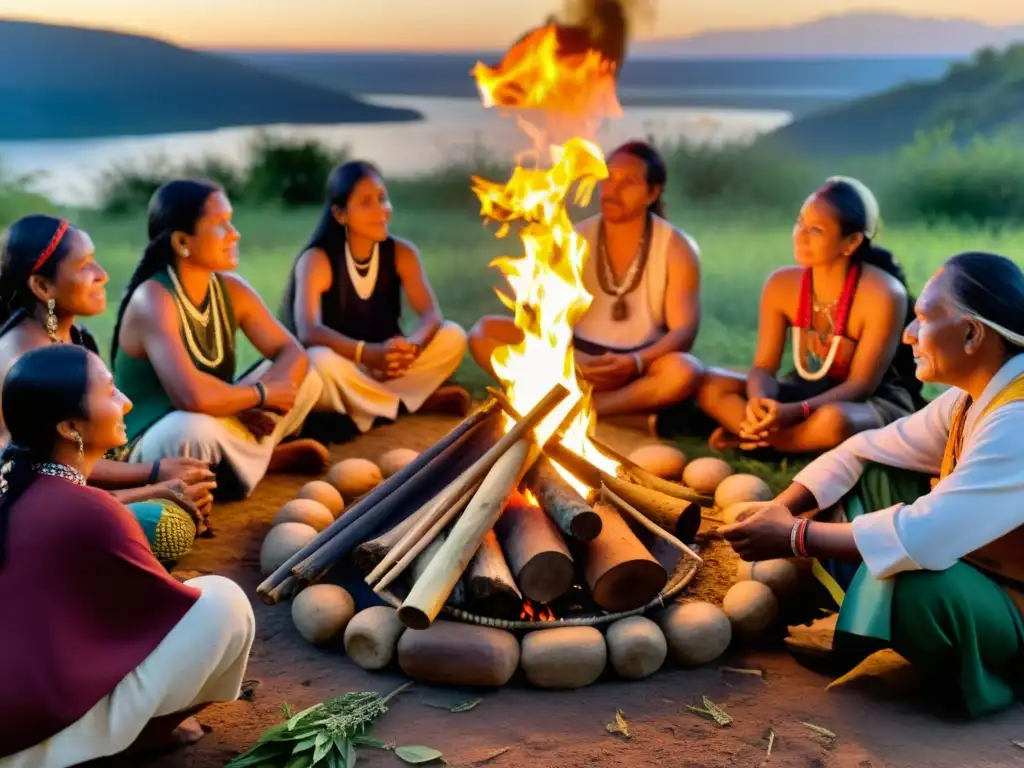 Curanderos indígenas en festividad ancestral Sanadores indígenas en festividad alrededor del fuego, practicando medicina tradicional en un ambiente de ancestral sabiduría y preservación cultural
