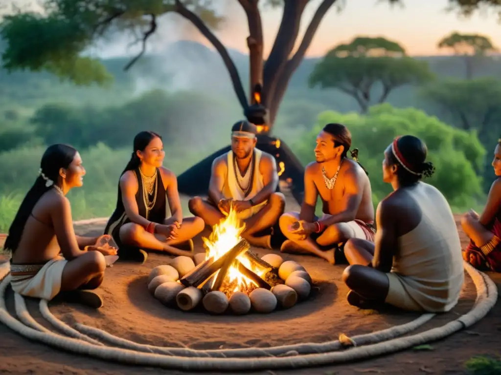 Sanadores indígenas practican medicina tradicional leyendo alrededor del fuego sagrado en la selva ancestral