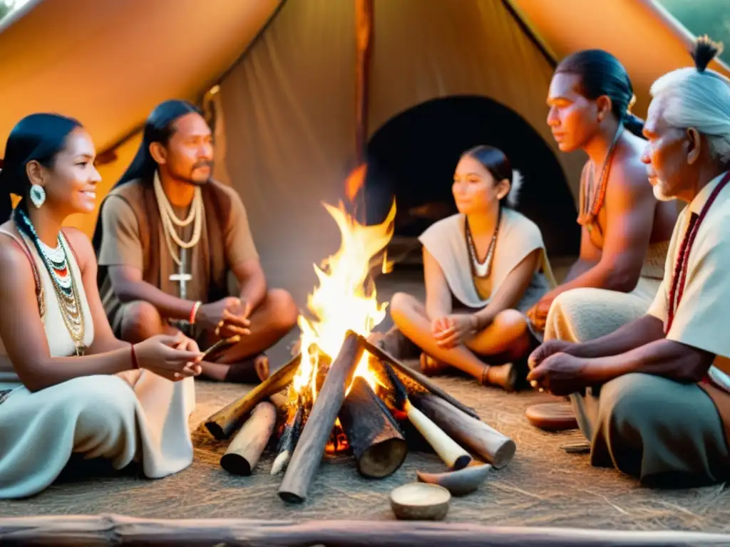 Sanadores indígenas compartiendo sabiduría en ceremonia alrededor del fuego, preservando la Medicina tradicional de culturas ancestrales