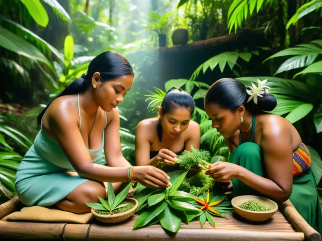 Sanadores indígenas preparan terapias con hierbas medicinales en la exuberante selva tropical