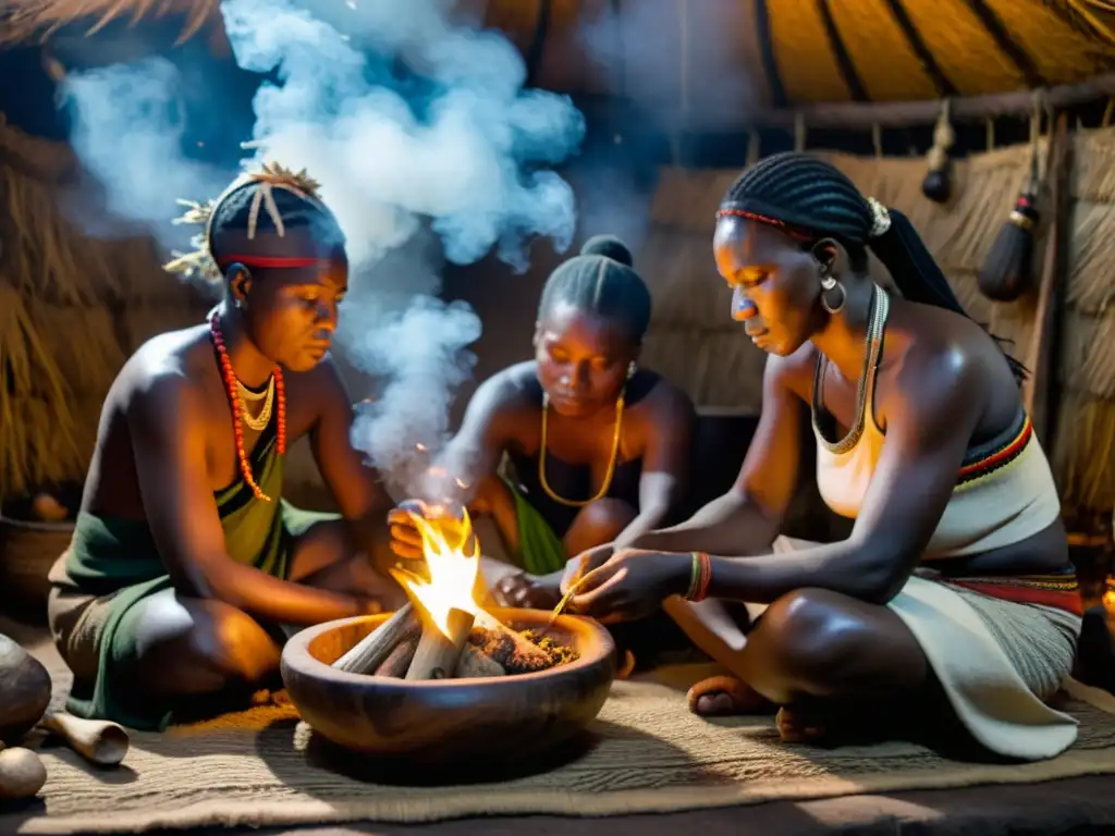 Sanadores tribales preparando medicina tradicional africana en una cabaña humeante