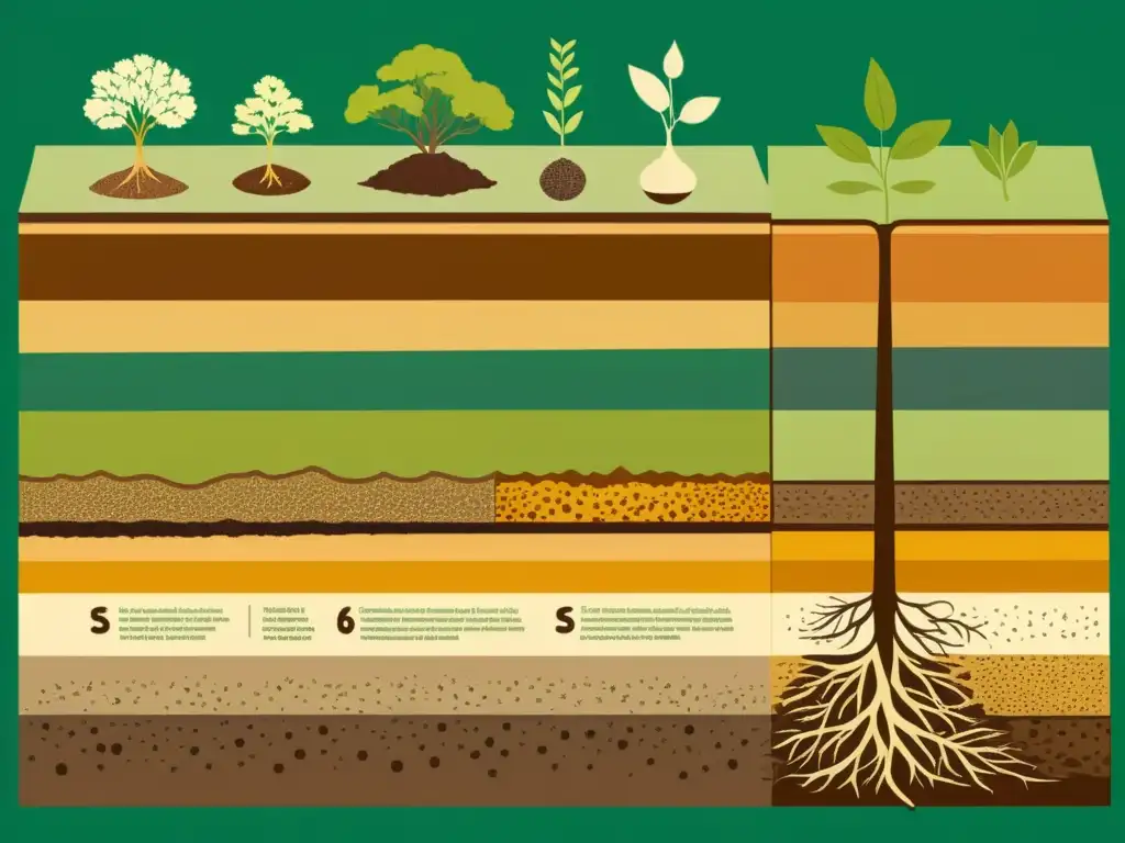 Una ilustración vintage de una sección transversal de capas de suelo, mostrando texturas y estratos cambiantes a lo largo de las estaciones